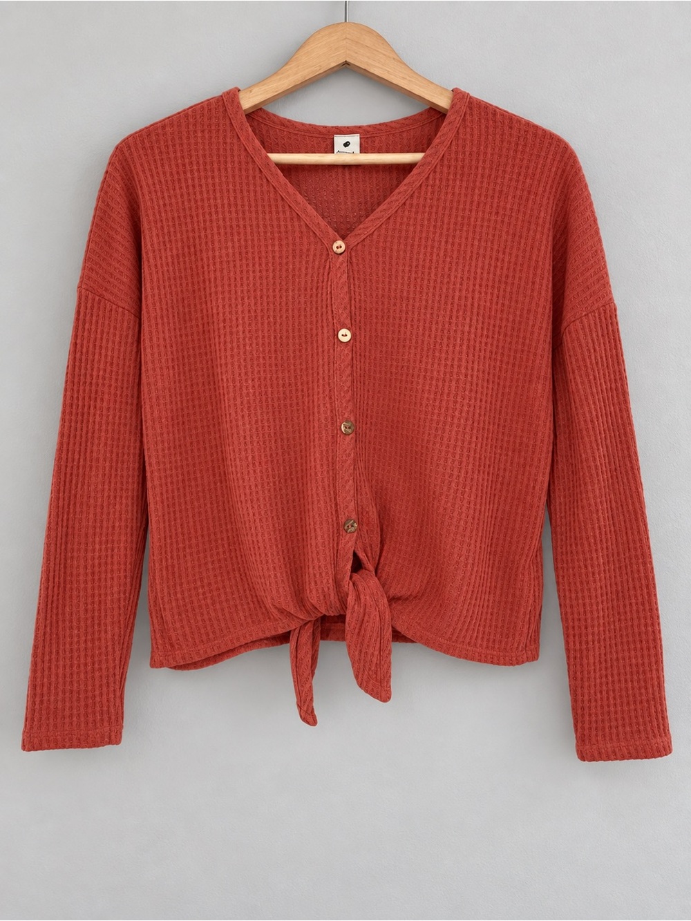 Lovemarks California Waffle Knit Tie Front Top Small Rust Coral Button Down